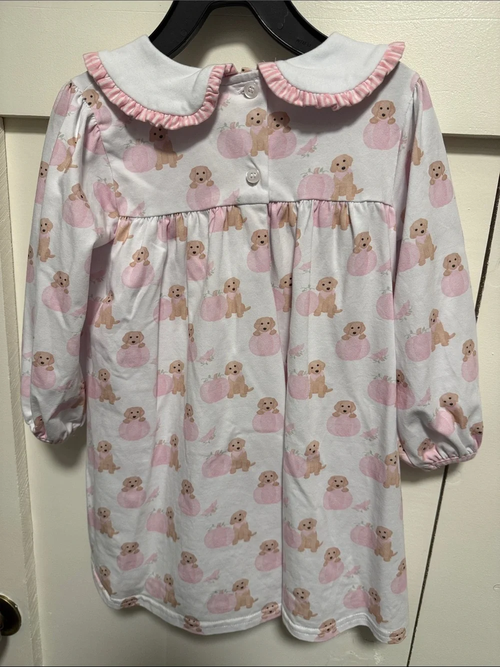 Little Girls Pink Puppy and Pumpkin Print Long-Sleeve Dress with Peter Pan Colla